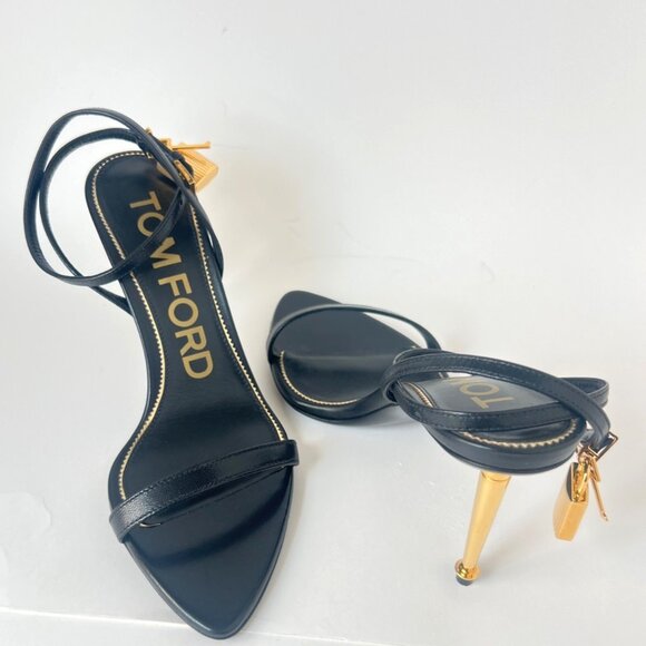 Tom Ford Padlock Naked Pointy Toe Black Leather Sandals Size 37.5 US7.5 - Picture 6 of 15